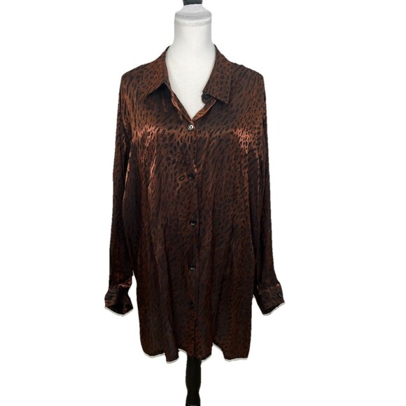 Vintage Virgo Blouse Plus Size 24 Leopard Animal Print Silky Top Bronze Metallic - Picture 1 of 10